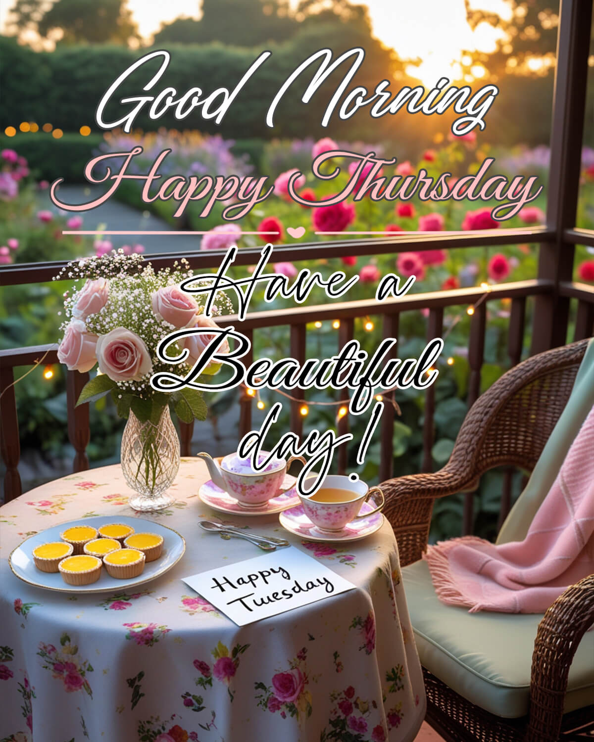 Good Morning Thursday blessings with a floral tea table setup on a balcony, overlooking a garden at sunrise.