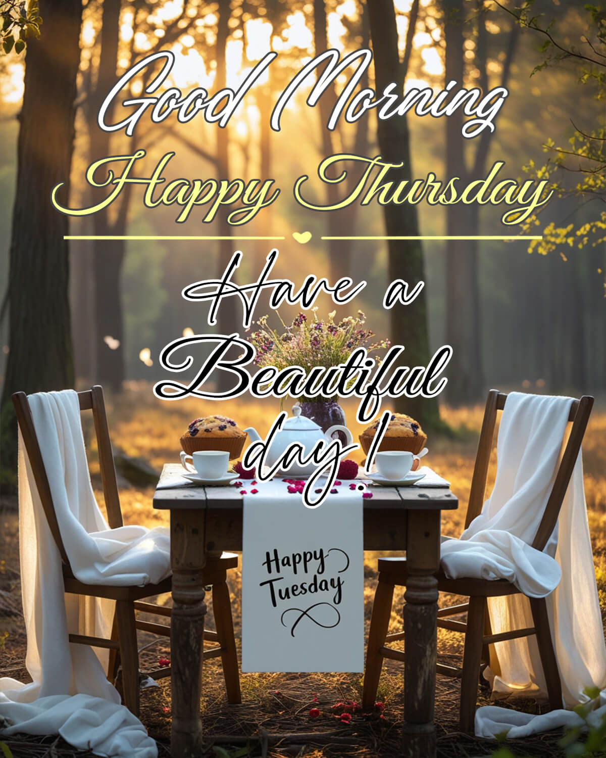 Good Morning Thursday blessings with a rustic outdoor breakfast table surrounded by a forest at sunrise.