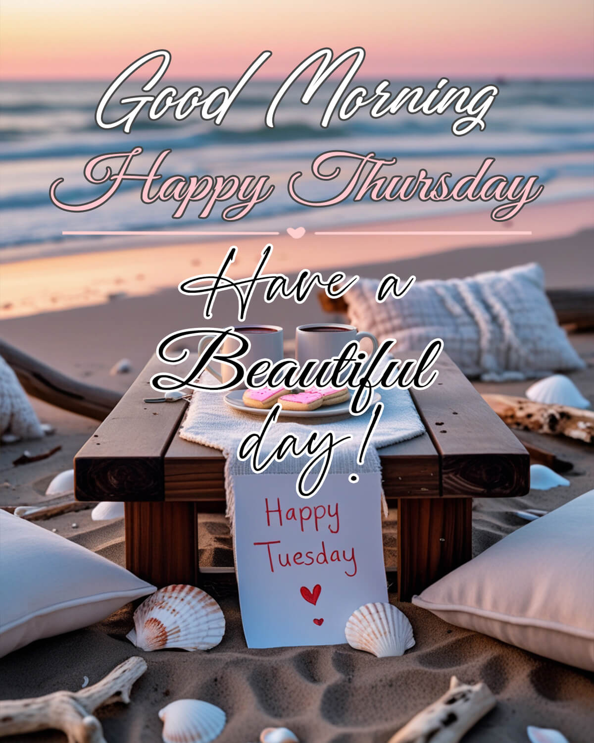 Good Morning Thursday blessings with a beachside coffee table, seashells, and a peaceful ocean backdrop.