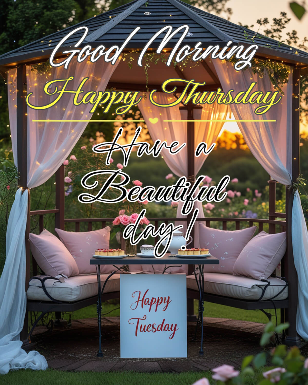 Good Morning Thursday blessings with a charming gazebo adorned with curtains, fairy lights, and a cozy seating arrangement.