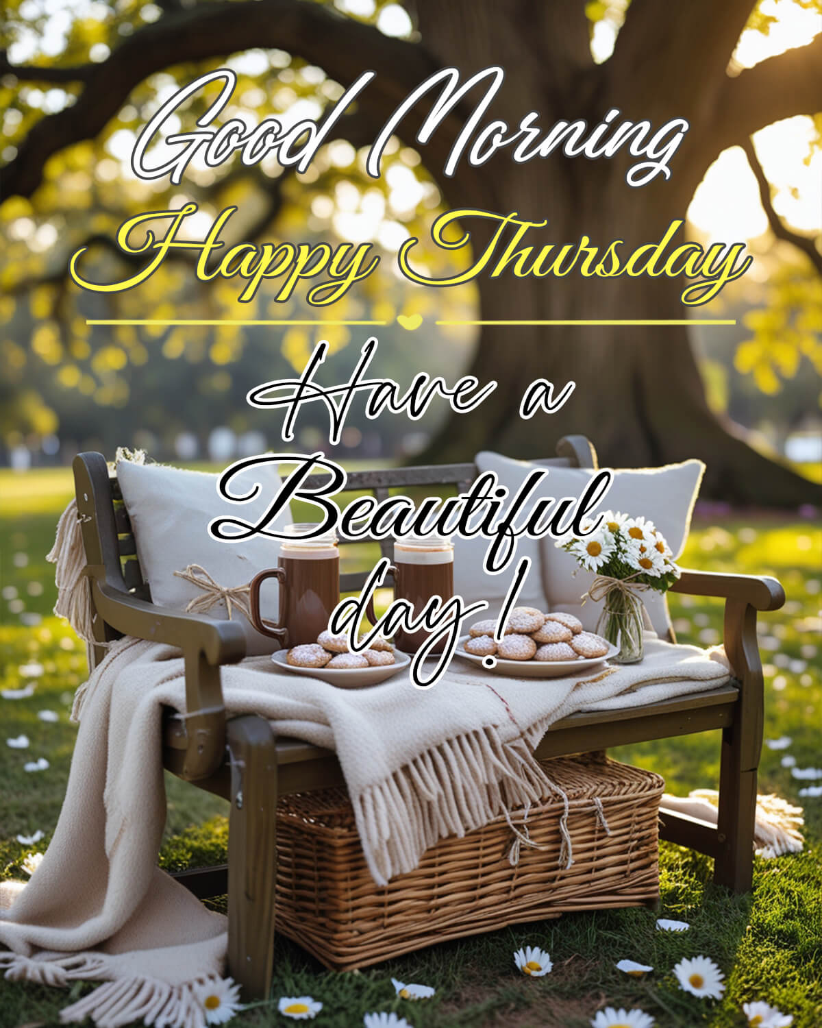 Good Morning Thursday blessings with a cozy garden bench, a wicker basket, hot drinks, and cookies surrounded by daisies.