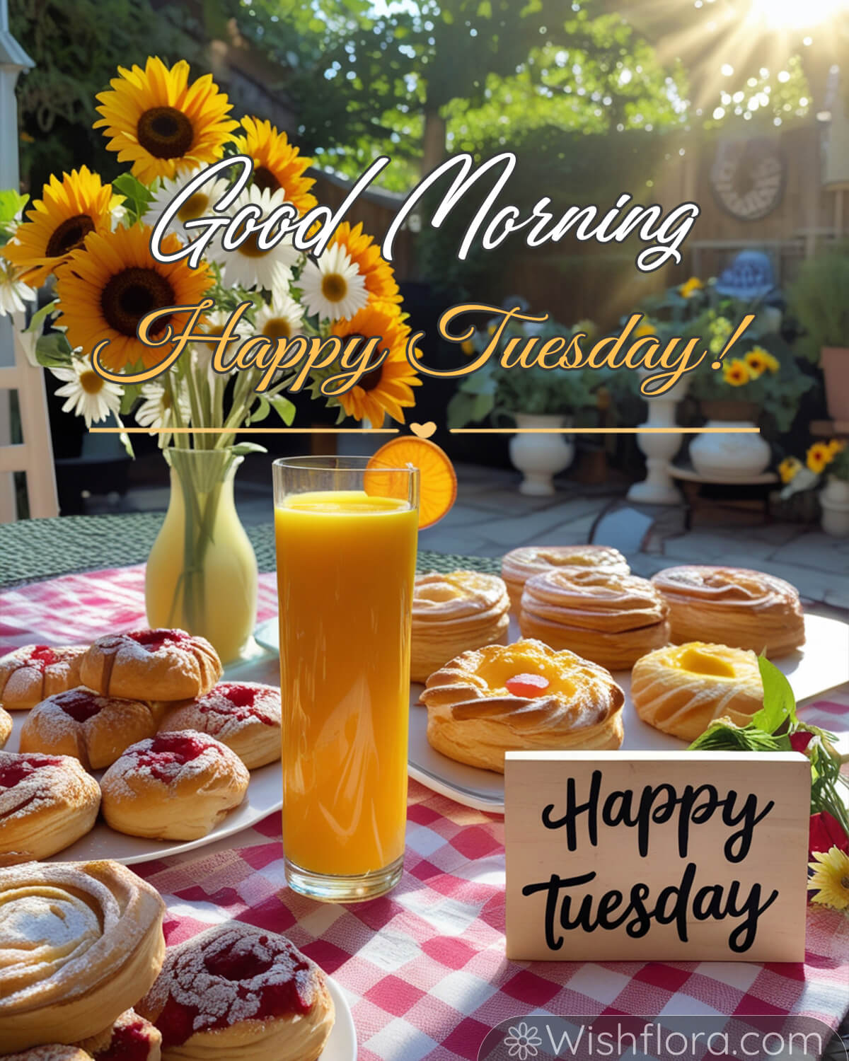 Good Morning Tuesday blessings with orange juice and pastries on a sunny day