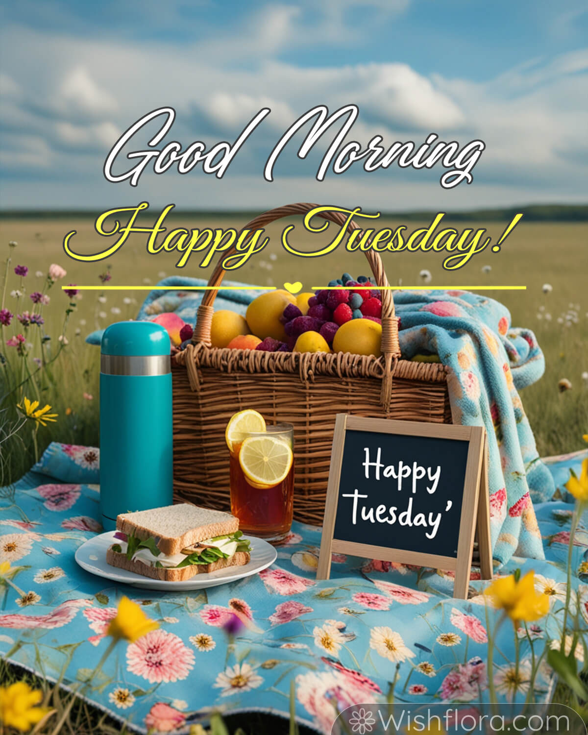 Good Morning Tuesday blessings with picnic basket and floral blanket in a meadow