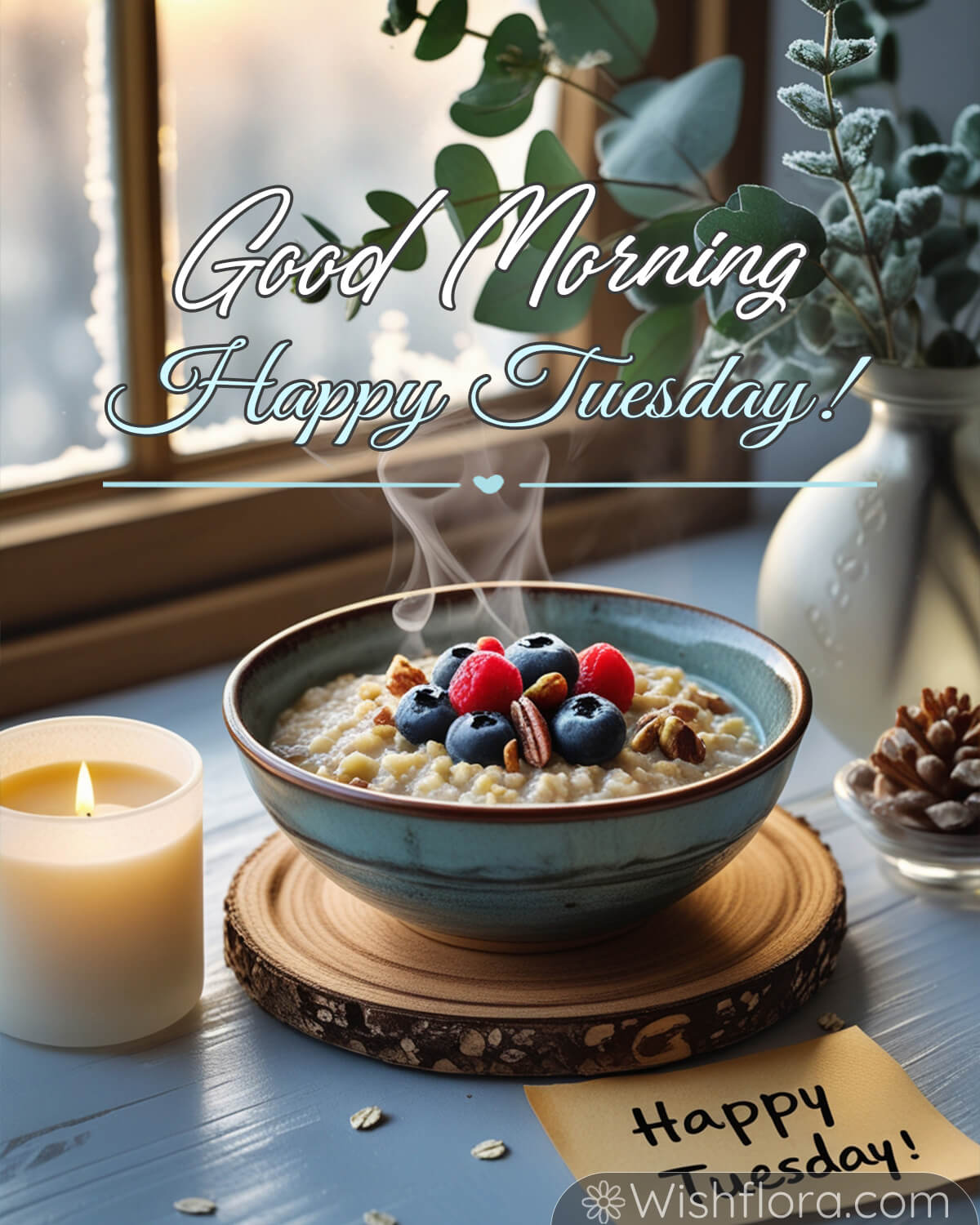 Good Morning Tuesday blessings with a bowl of oatmeal topped with fresh berries and nuts