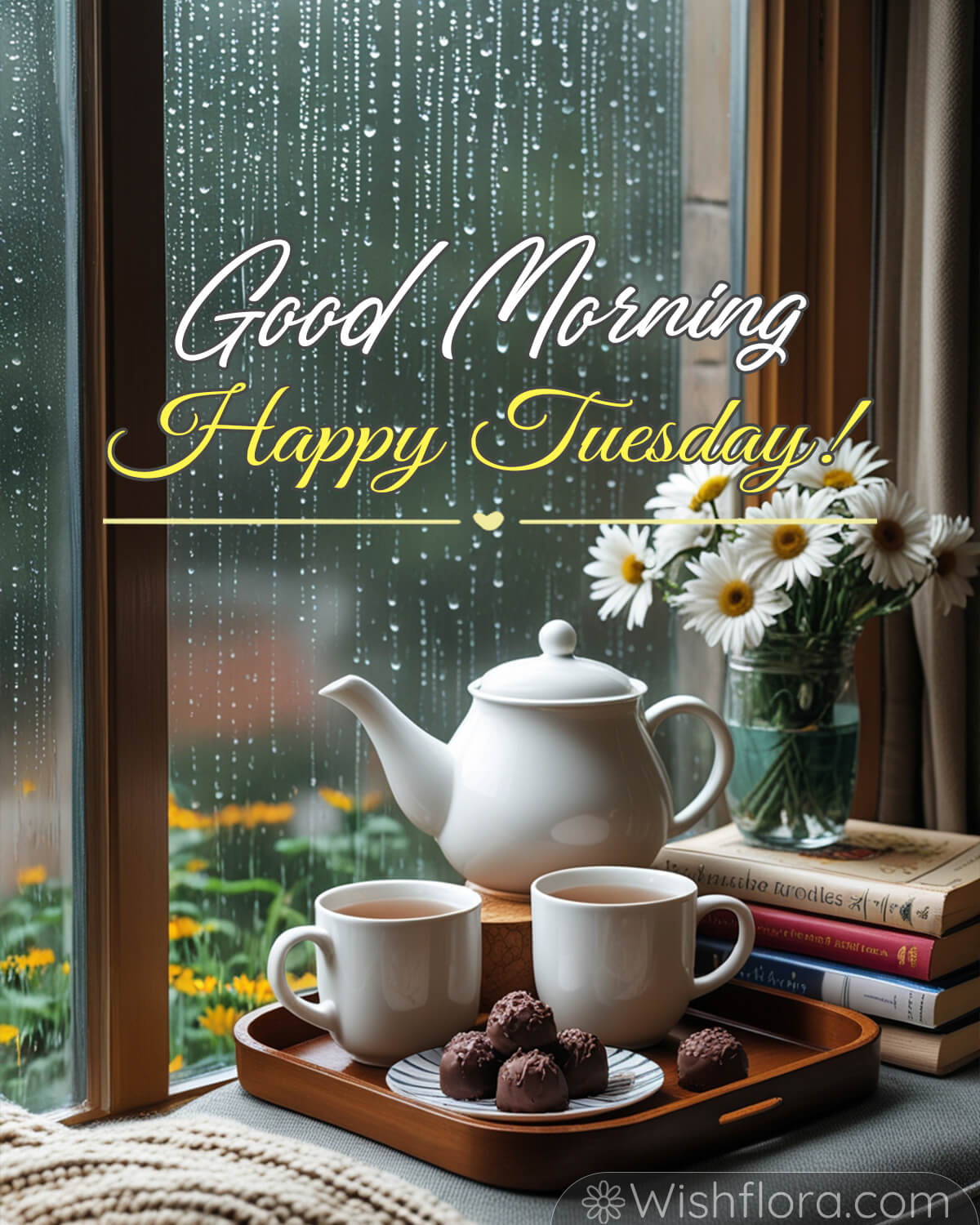 Good Morning Tuesday blessings with tea and chocolates by a rainy window