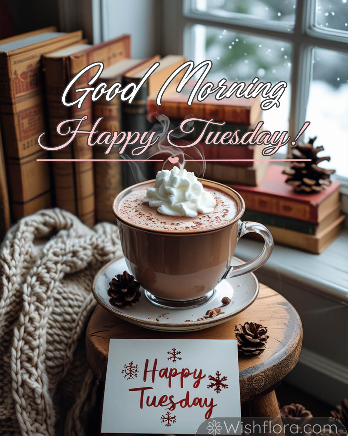 Good Morning Tuesday blessings with hot chocolate and cozy winter decor