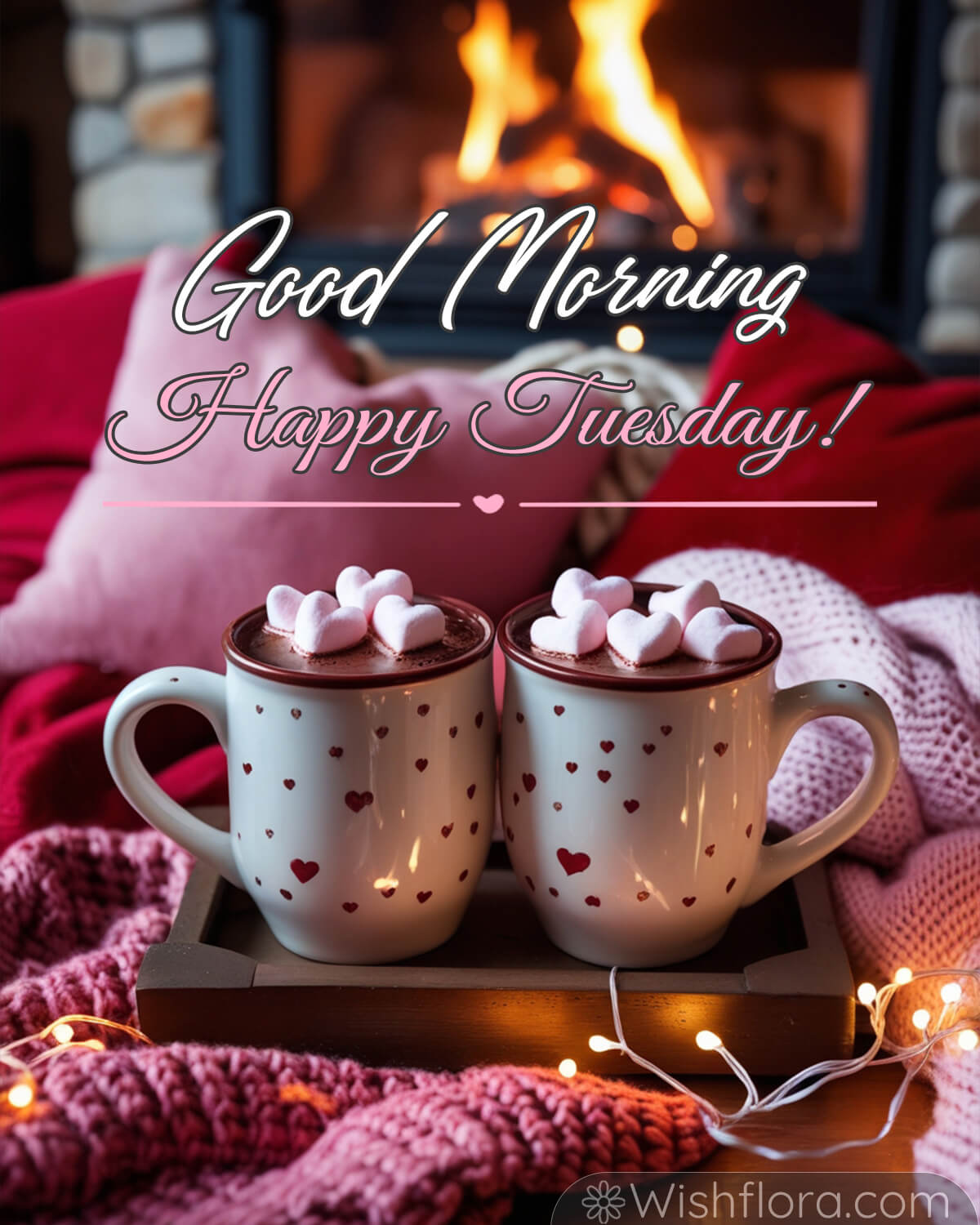 Good Morning Tuesday blessings with hot cocoa and heart marshmallows by the fireplace