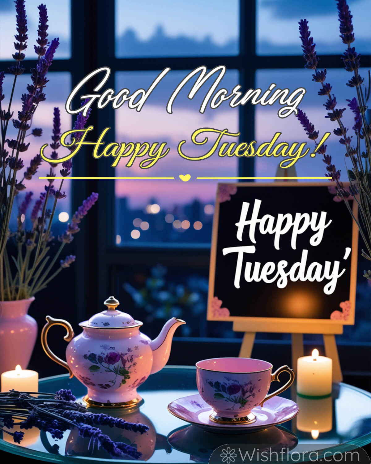 Good Morning Tuesday blessings with lavender tea set and candles at dusk