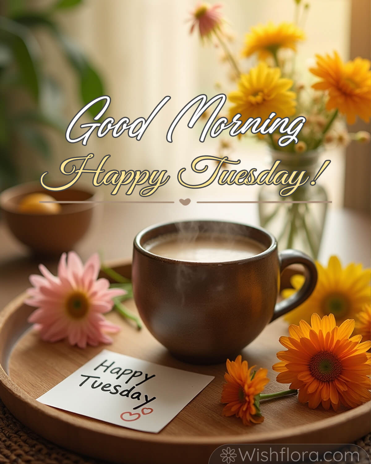 Good Morning Tuesday blessings with coffee and fresh flowers on a wooden tray