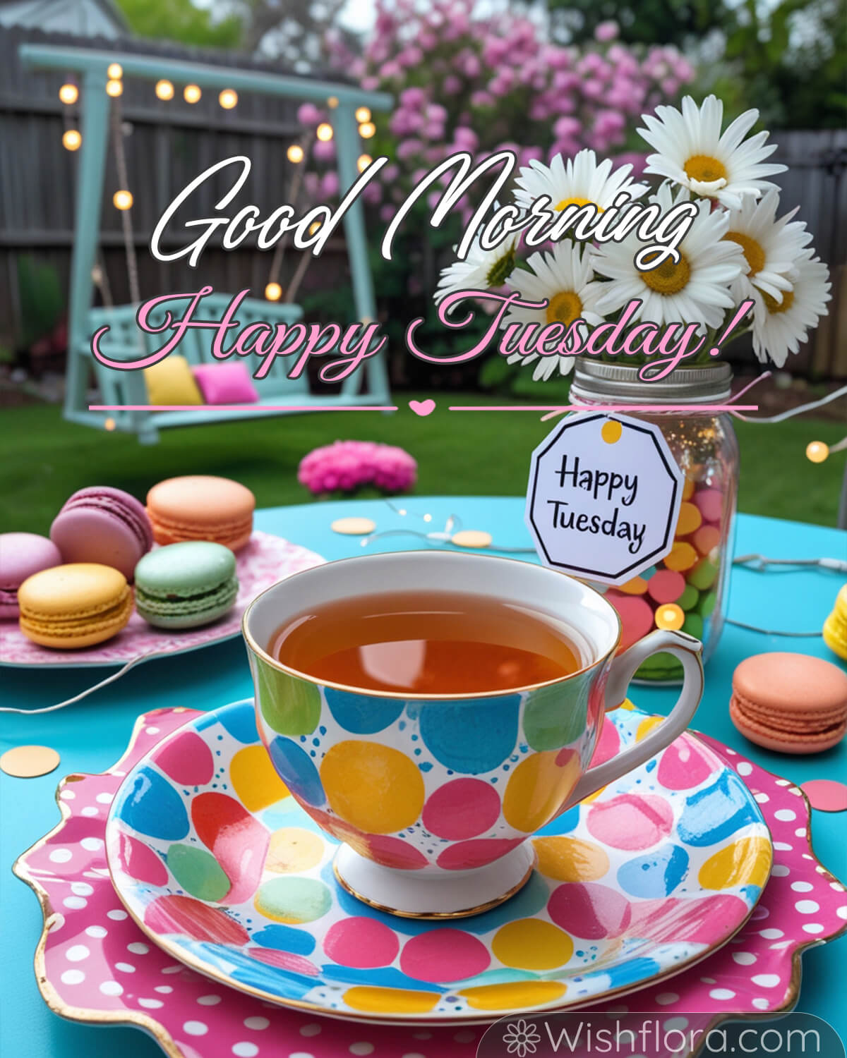 Good Morning Tuesday blessings with tea, macarons, and colorful garden decor