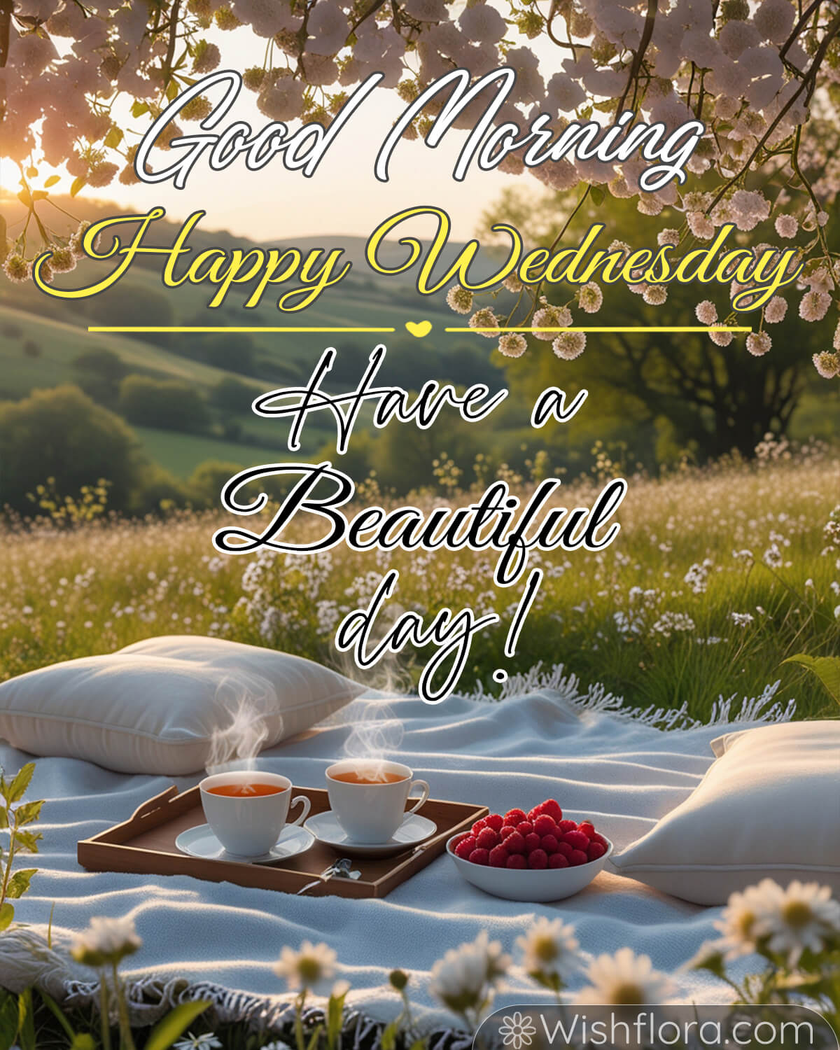 A serene morning picnic setup in a flower-filled meadow with two cups of steaming tea, raspberries, and pillows under blooming trees. Text reads: Good Morning, Happy Wednesday, Have a Beautiful Day.