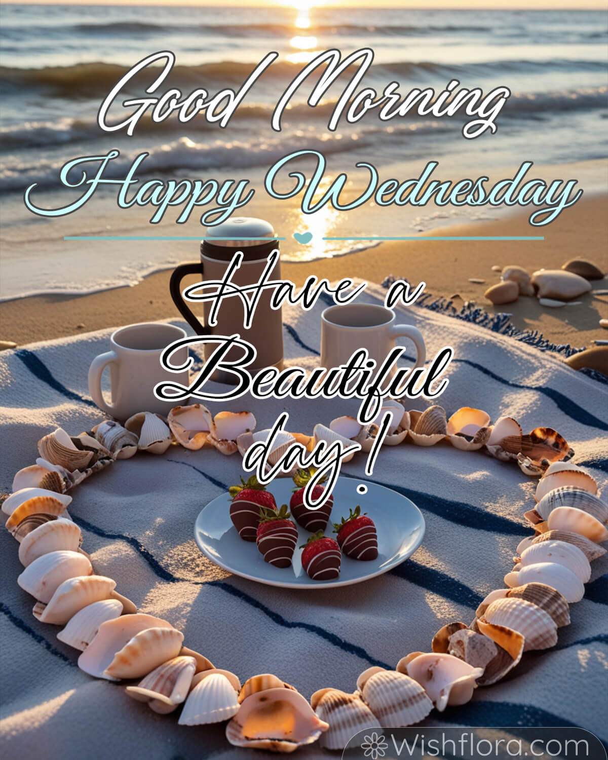 A serene beachside setup at sunrise with a heart-shaped arrangement of seashells, a plate of chocolate-covered strawberries, and two coffee mugs on a blanket. Text reads: Good Morning, Happy Wednesday, Have a Beautiful Day.