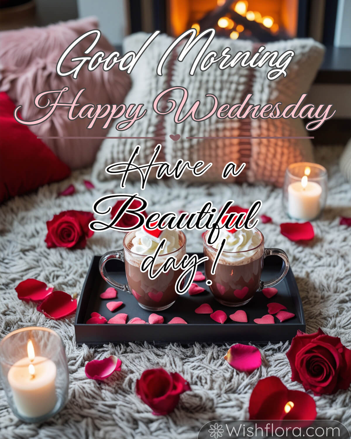 A cozy indoor setup with a tray of two mugs of hot chocolate topped with whipped cream, surrounded by rose petals, candles, and cushions. Text reads: Good Morning, Happy Wednesday, Have a Beautiful Day.