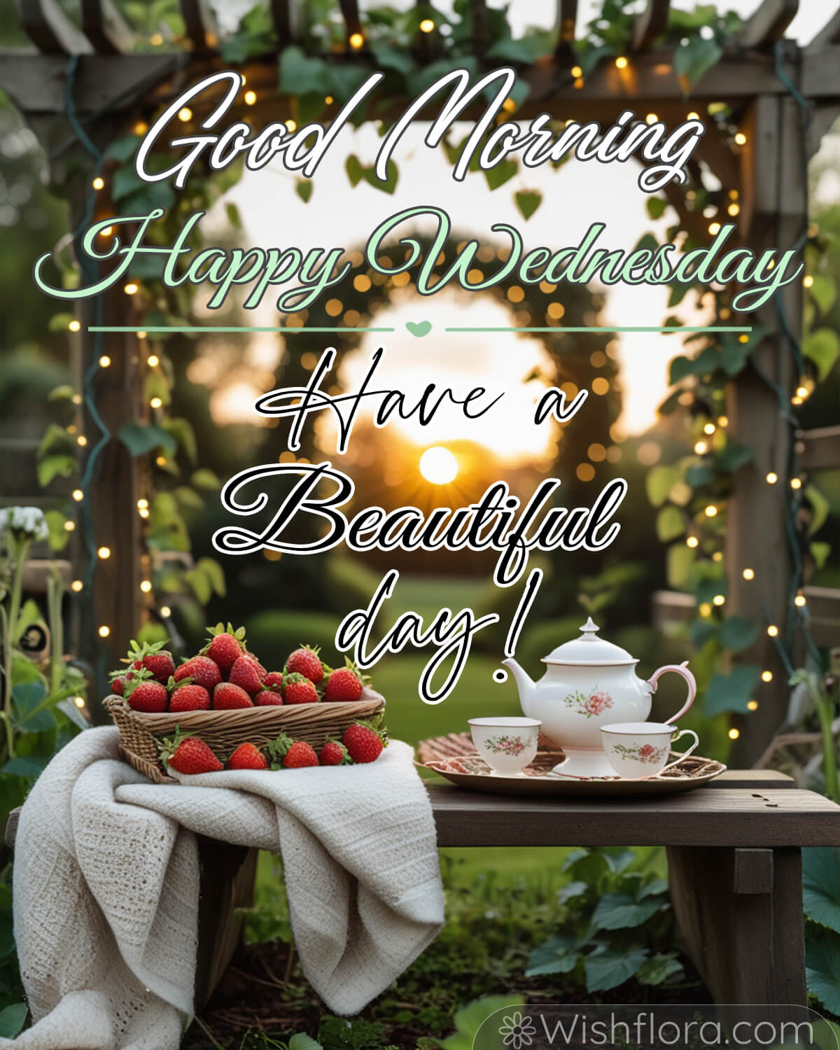 A charming garden setup at sunrise with a basket of fresh strawberries, a floral tea set, and a cozy blanket on a wooden bench under a pergola adorned with string lights. Text reads: Good Morning, Happy Wednesday, Have a Beautiful Day.