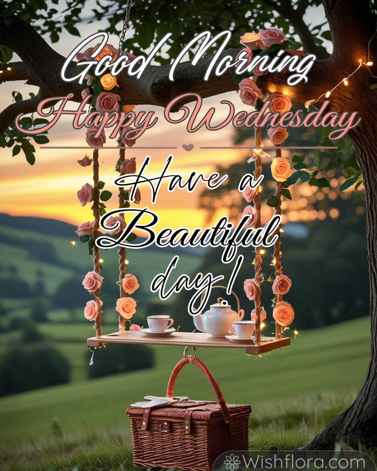 A beautiful outdoor swing adorned with pink roses and string lights, holding a tea set, with a wicker picnic basket below, overlooking a scenic countryside at sunset. Text reads: Good Morning, Happy Wednesday, Have a Beautiful Day.