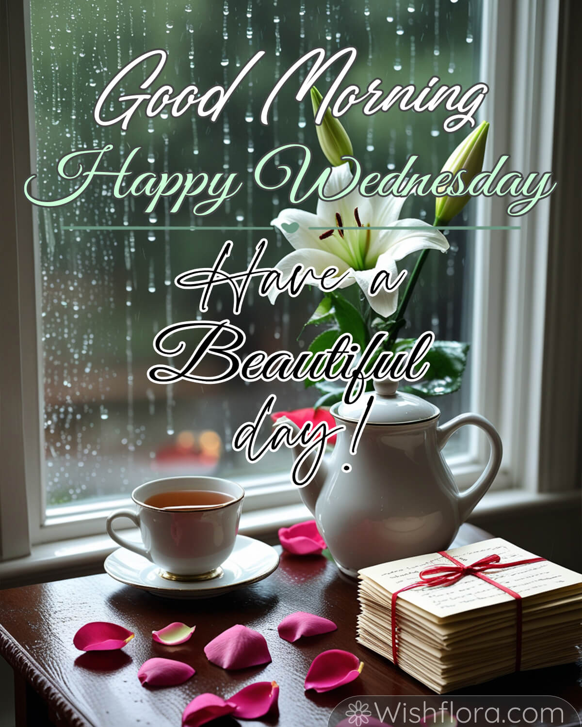 A cozy indoor scene with a cup of tea, a white teapot, pink rose petals, a stack of tied letters, and a white lily in a vase by a rainy window. Text reads: Good Morning, Happy Wednesday, Have a Beautiful Day.