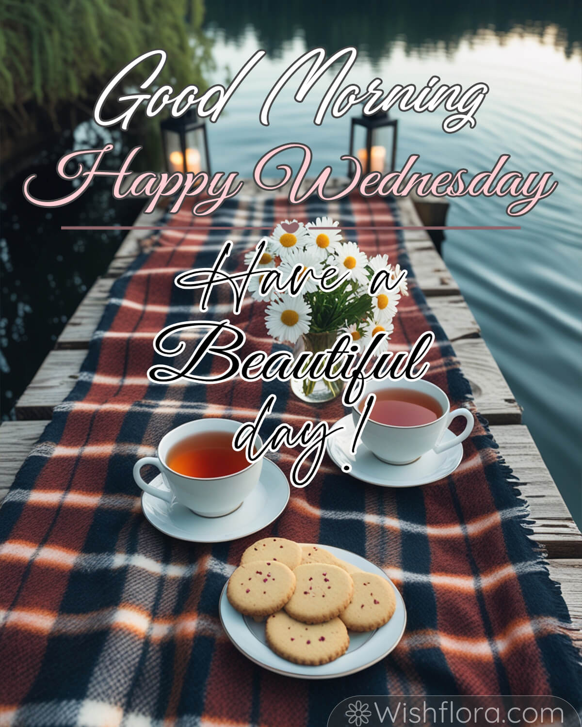 A peaceful lakeside scene with two cups of tea, a plate of cookies, a bouquet of daisies, and lanterns on a plaid blanket spread on a wooden dock. Text reads: Good Morning, Happy Wednesday, Have a Beautiful Day.