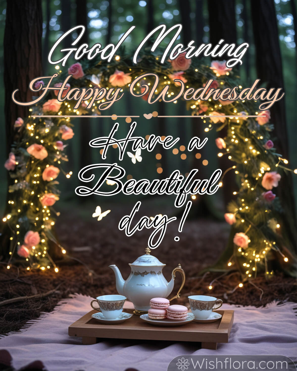 A magical forest setting with an arch of pink roses and string lights, a wooden tray with an elegant tea set, macarons, and a soft blanket. Text reads: Good Morning, Happy Wednesday, Have a Beautiful Day.