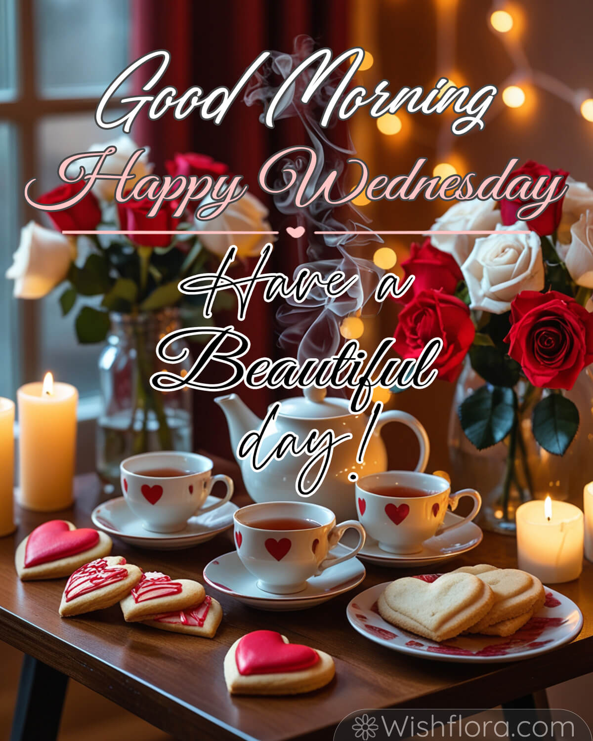 A cozy indoor setup with a tea set featuring heart patterns, heart-shaped cookies, lit candles, and red and white roses in vases. Text reads: Good Morning, Happy Wednesday, Have a Beautiful Day.