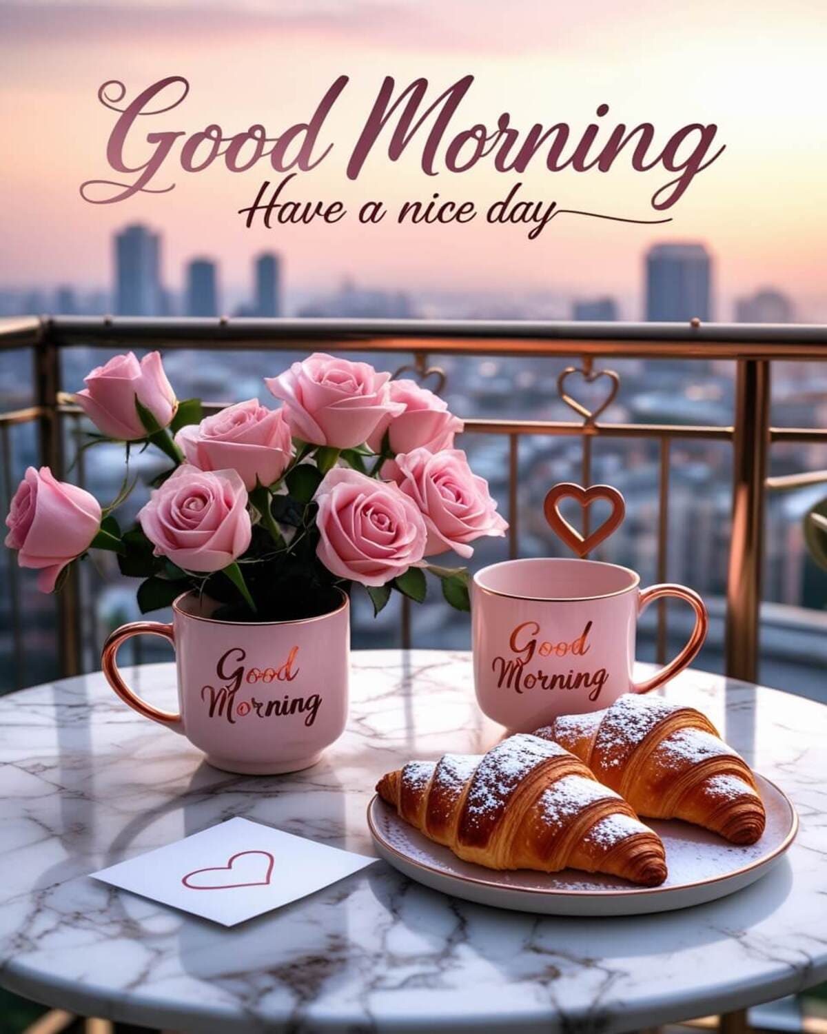 Good Morning Images: A serene morning scene featuring pink roses in a vase, two cups with 'Good Morning' written on them, and croissants on a marble table with a city skyline in the background.