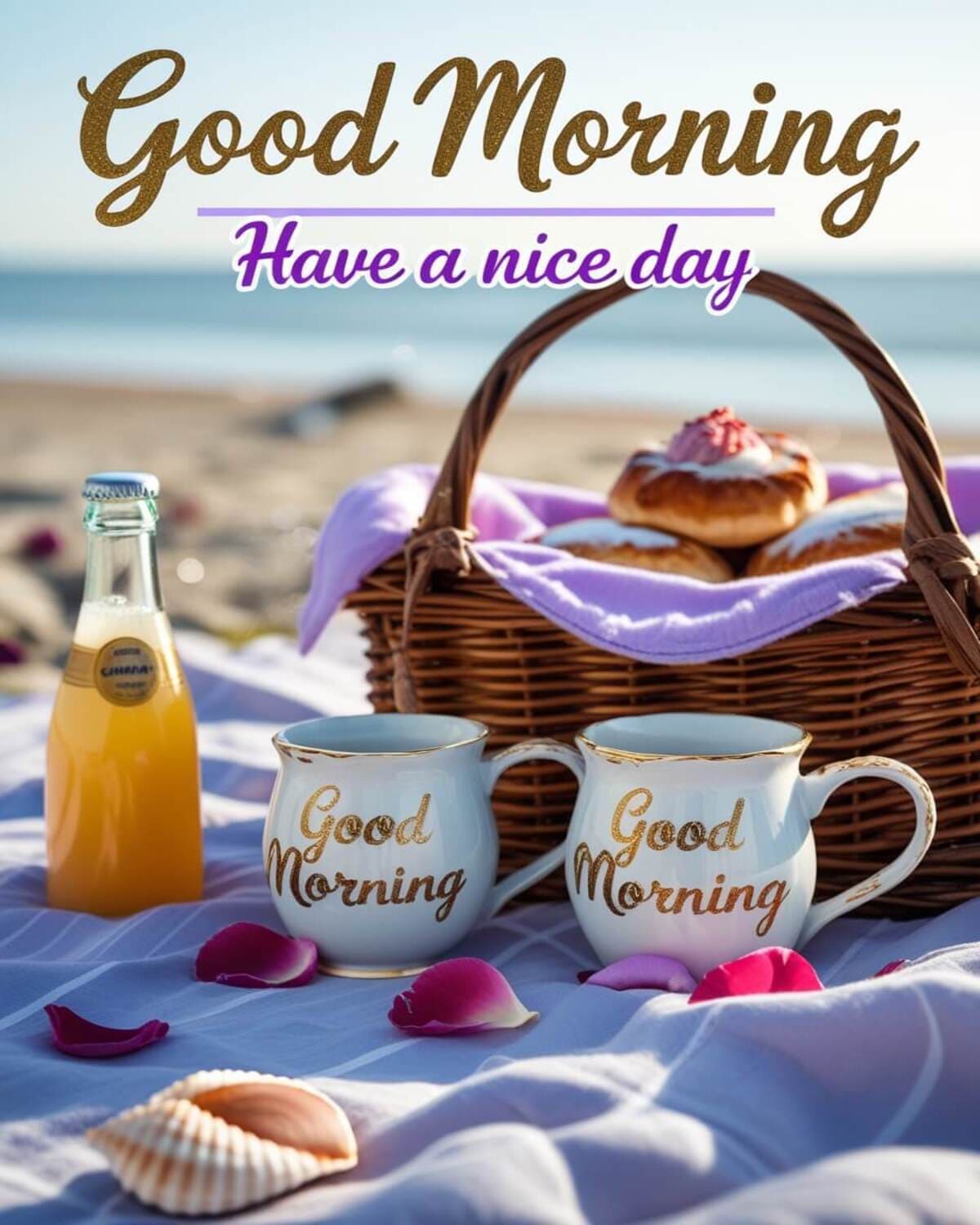 Good Morning Images: A serene beach morning picnic with two 'Good Morning' mugs, a basket of pastries, a bottle of orange juice, and rose petals scattered on a blanket.