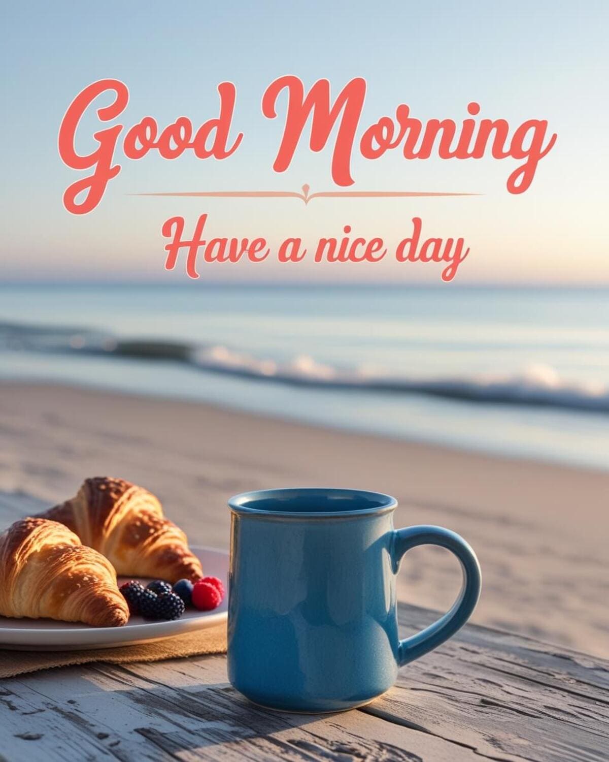 Good Morning Images: A peaceful beachside morning scene featuring a blue coffee mug, croissants, and fresh berries on a wooden table with gentle waves in the background.