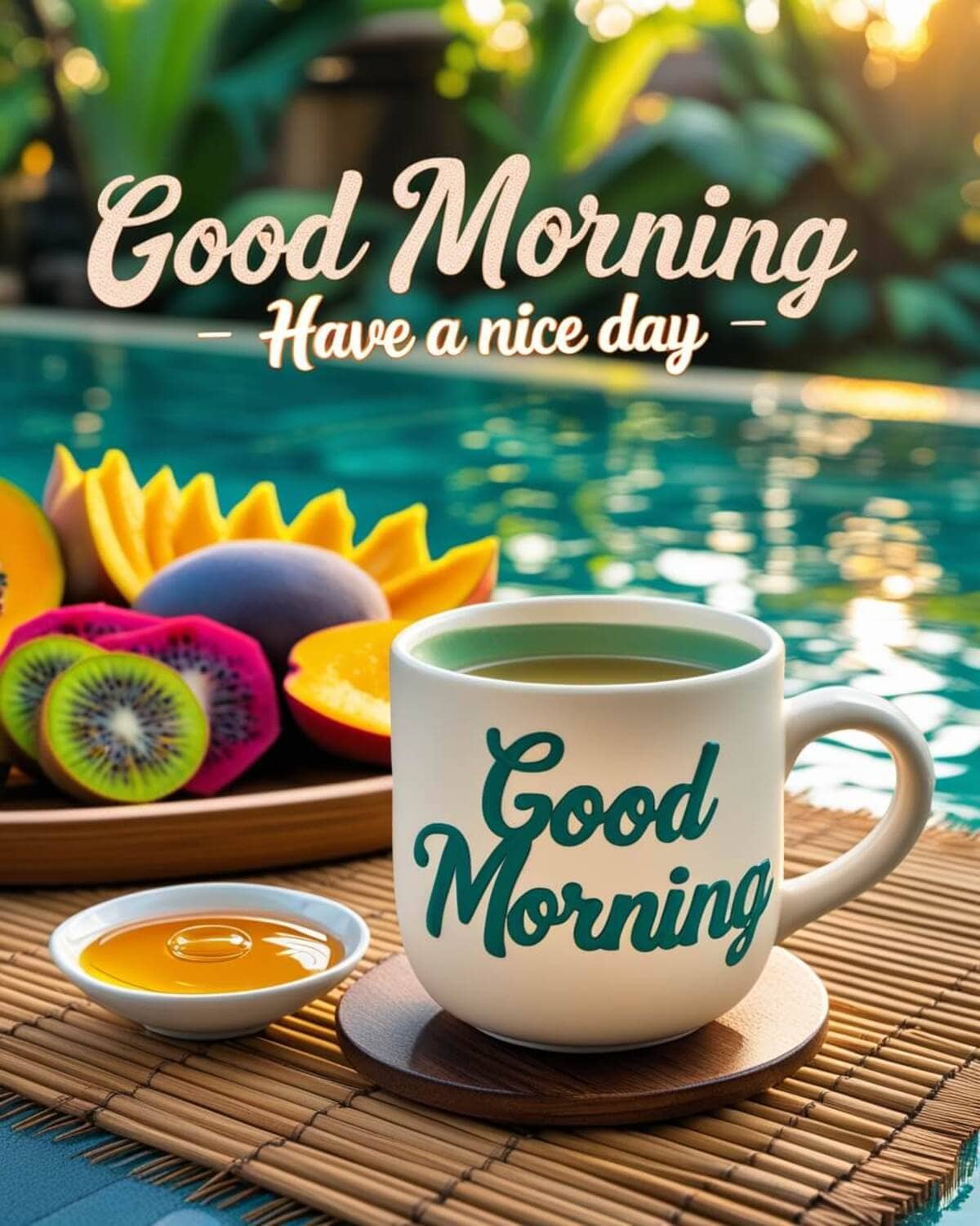 Good Morning Images: A refreshing poolside morning scene featuring a 'Good Morning' mug, a platter of tropical fruits, and a bowl of honey on a bamboo mat with greenery in the background.