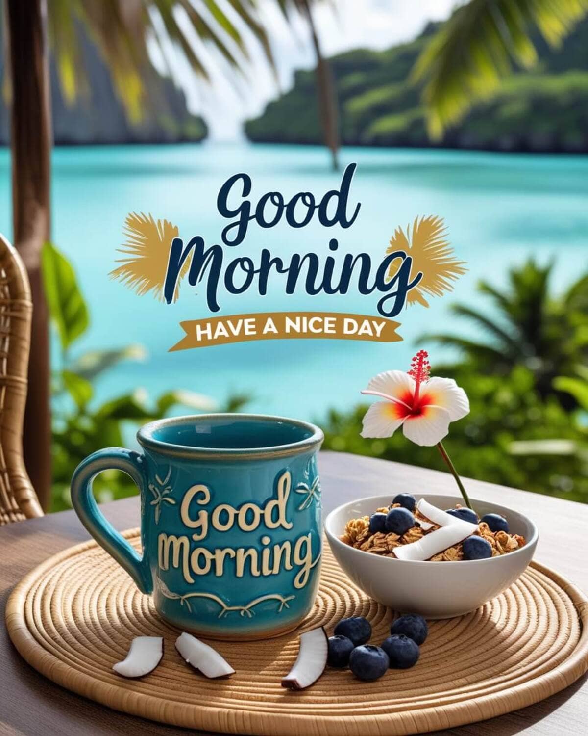 Good Morning Images: A tropical morning scene with a turquoise 'Good Morning' mug, a bowl of granola with blueberries and coconut slices, and a hibiscus flower, overlooking a serene ocean and palm trees.