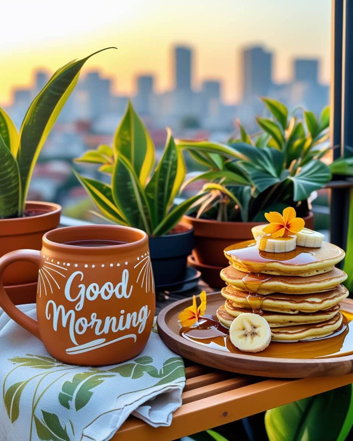 Good Morning Images: A cozy morning scene featuring an orange 'Good Morning' mug, a stack of pancakes with banana slices and syrup, surrounded by potted plants on a balcony with a cityscape view.