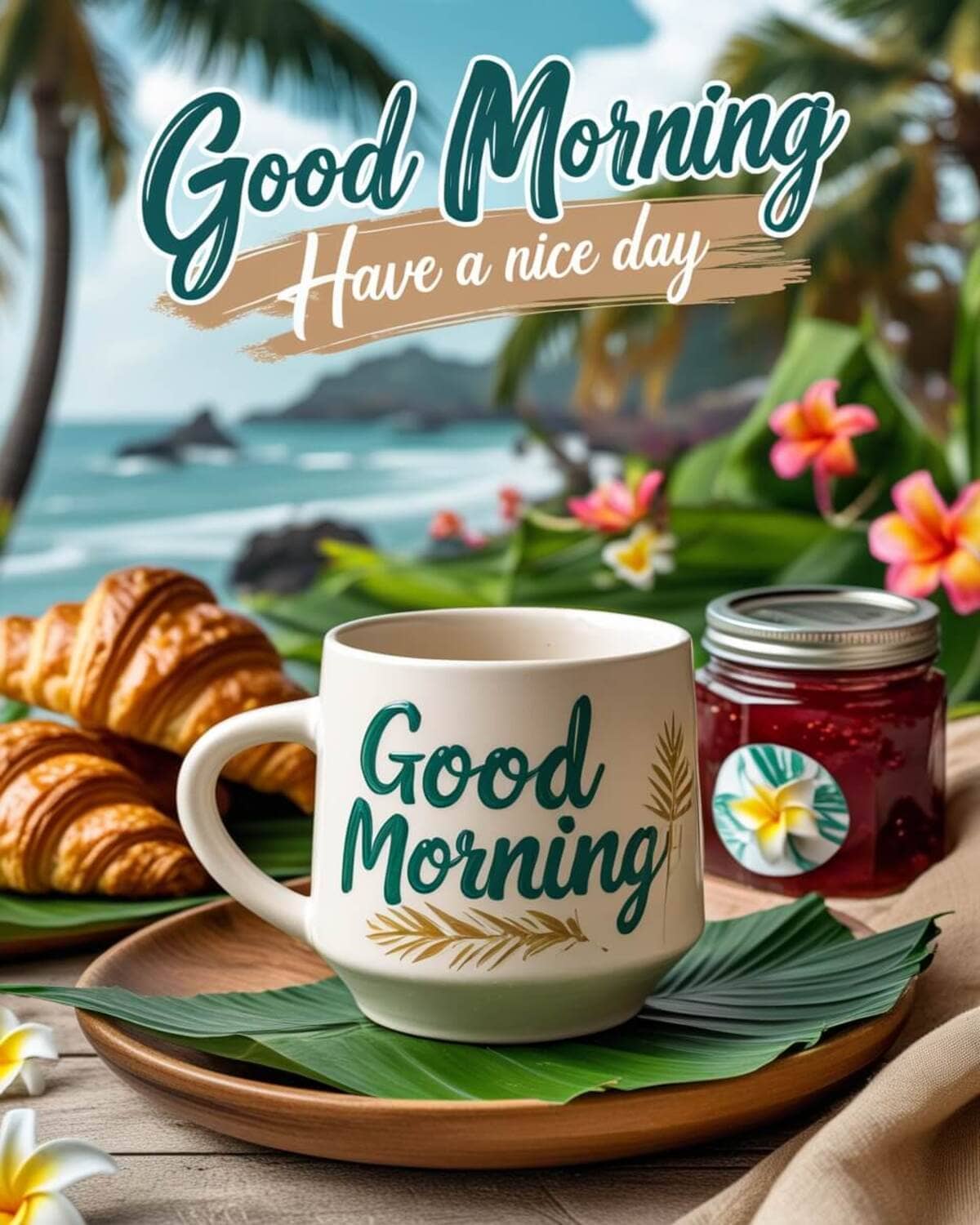 Good Morning Images: A tropical breakfast scene with a white 'Good Morning' mug, croissants, a jar of jam, and tropical flowers, set against a scenic ocean and palm tree background.