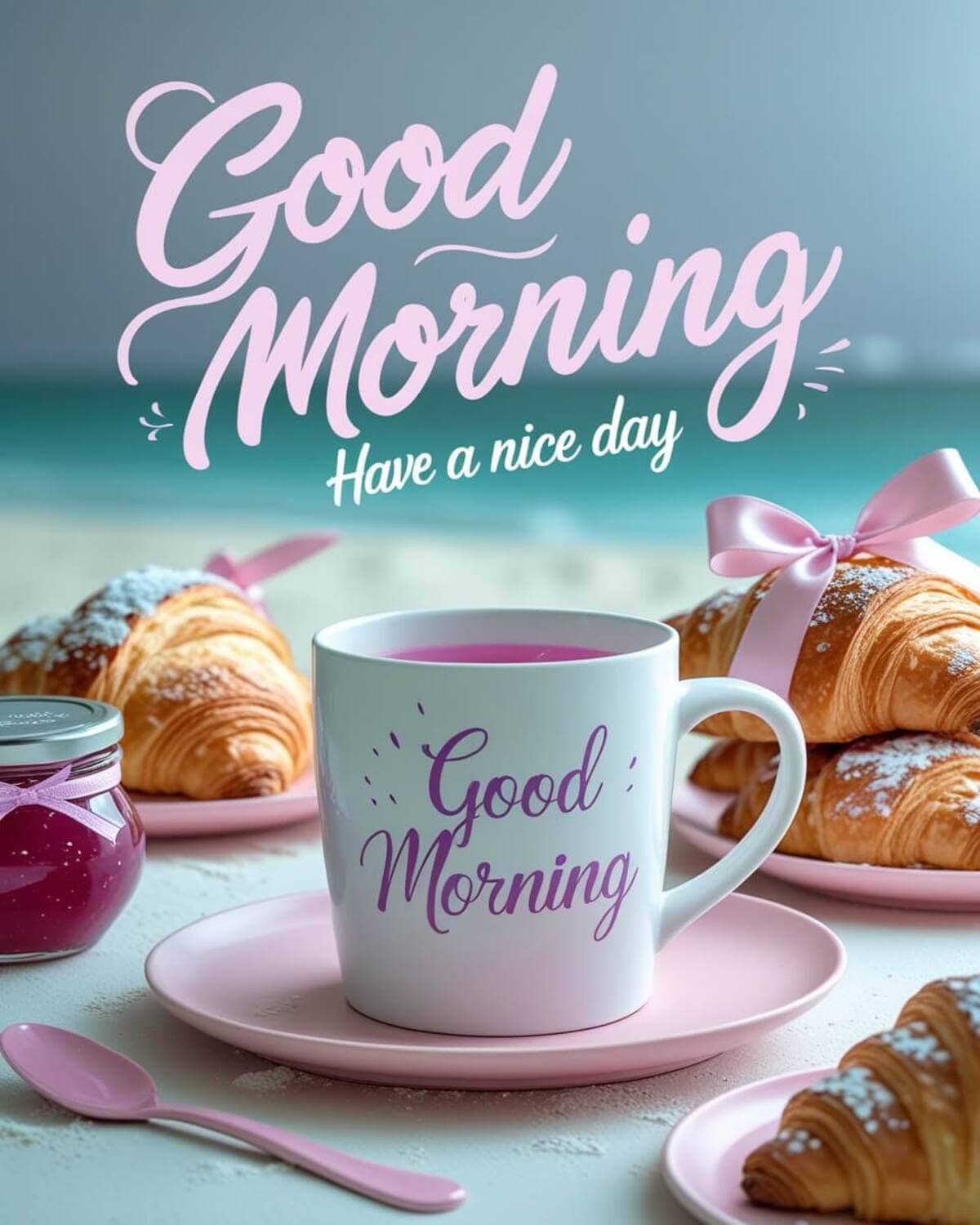 Good Morning Images: A charming morning scene with a white 'Good Morning' mug, croissants tied with pink ribbons, a jar of jam, and a pastel pink setup against a beach background.