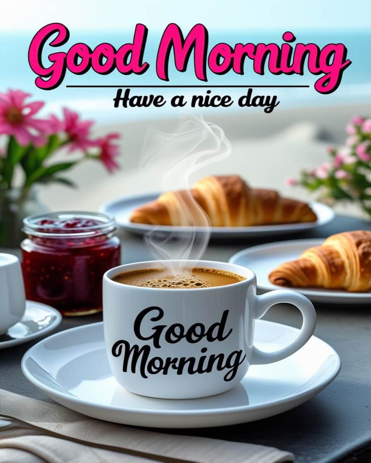 Good Morning Images: A cheerful morning setup with a steaming 'Good Morning' coffee mug, croissants on plates, a jar of jam, and pink flowers, set against a beachside background.