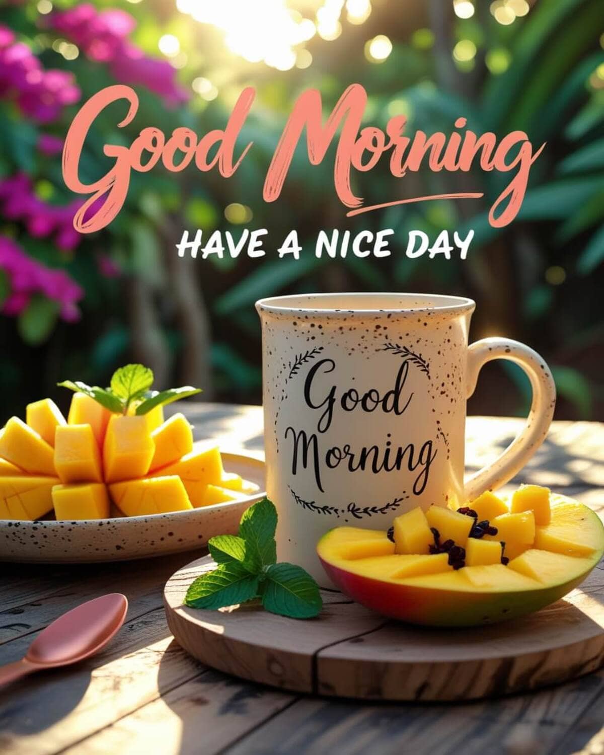 Good Morning Images: A fresh morning scene featuring a 'Good Morning' mug, sliced mangoes on a wooden plate, mint leaves, and a garden backdrop with sunlight and pink flowers.