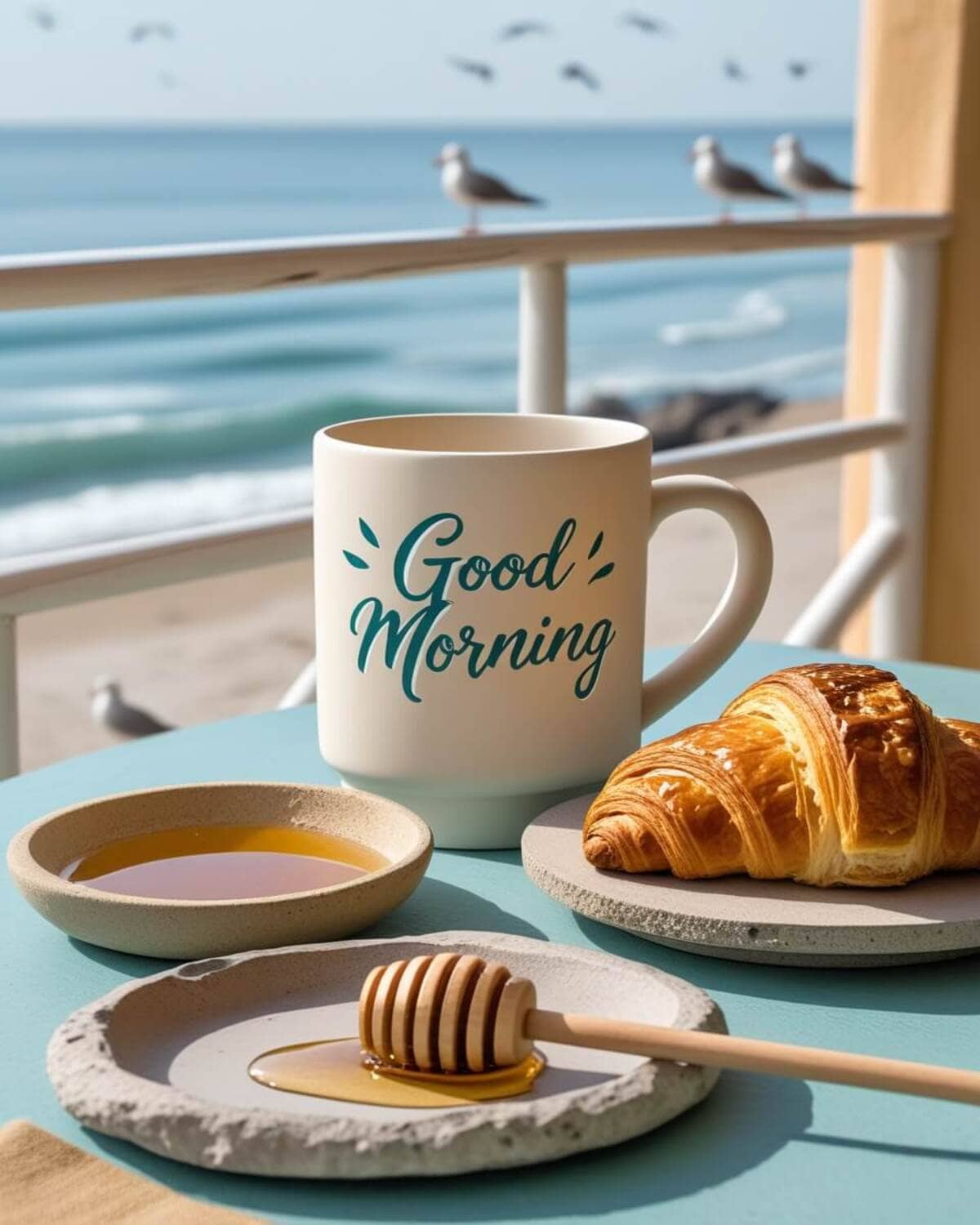 Good Morning Images: A peaceful seaside morning scene with a 'Good Morning' mug, a croissant, honey, and a honey dipper on a table overlooking the ocean with seagulls in the background.